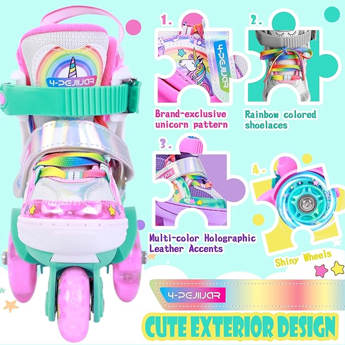 4-Pejiijar Rainbow Unicorn Kids Roller Skates for Girls Toddler Ages 2-4 5-8 8-12,Adjustable Roller Shoes with Luminous Wheels for Birthday Xmas Gifts-CubbioJoy