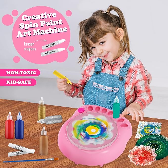 Arts and Crafts for Kids Ages 4-8,Paint Spin Art Machine Kit,Art Craft Set for 6-9 Year Old,Cool Painting Spinner Toys Kits Set,Art Supplies Birthday Gifts for Boy Girl Ages 6 7 8 9 10 11 12 Pink-CubbioJoy