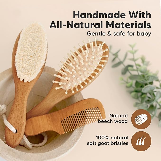 Baby Hair Brush and Comb Set for Newborn - Wooden Baby Hair Brush Set with Soft Goat Bristle, Baby Brush Set for Newborns, Baby Brush and Comb Set Girl, Boy, Toddler Cradle Cap Brush(Oval, Golden Oak)-CubbioJoy