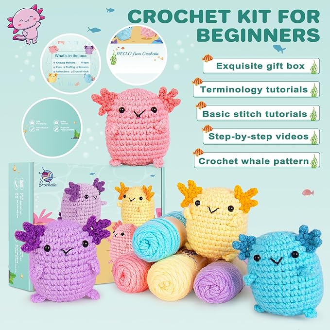 Crochetta Crochet Kit for Beginners, Crochet Starter Kit w Step-by-Step Video Tutorials, Beginner Crochet Kit for Adults Kids Women Men Complete Kit Included (4 Mini Axolotls)-CubbioJoy
