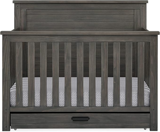 Delta Children Simmons Kids Caden 6-in-1 Convertible Crib with Trundle Drawer, Greenguard Gold Certified, Rustic Grey-CubbioJoy