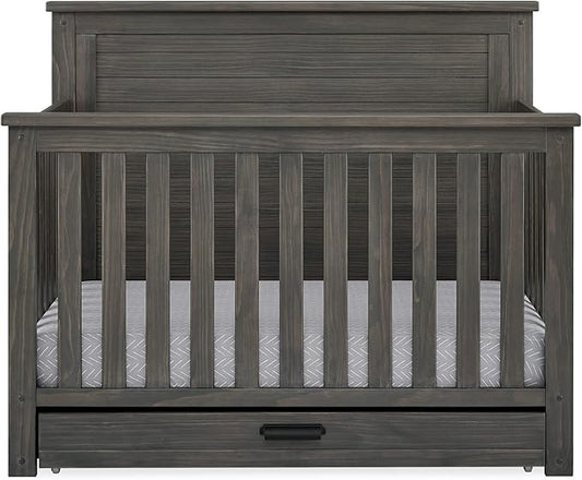Delta Children Simmons Kids Caden 6-in-1 Convertible Crib with Trundle Drawer, Greenguard Gold Certified, Rustic Grey-CubbioJoy