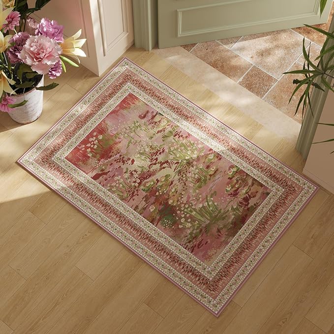 2x3 Rug Impressionist-Style Vintage Indoor Door Mat Machine Washable Small Area Rug Non-Slip Low Pile Throw Rugs for Entryway Kitchen Front Door Indoor Entrance Entry Kids Room, Pink-CubbioJoy