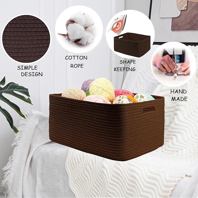 COMFY-HOMI Cotton Rope Woven Basket with Handles for Shelves,Toys,Book, Cloth Storage Baskets for Organizing-17" x 13" x 7.5" Toy Decorative Organizer for Living Room, Bathroom （dark brown）-CubbioJoy