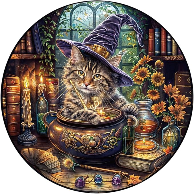 KAAYEE Wooden Puzzles for Adults, 3D Visual Effect Magic Feline Cat Wooden Jigsaw Puzzle Unique Shape Wood Puzzle Adult, 3D Effect Flat Puzzle Birthday Family Game (XL)-CubbioJoy