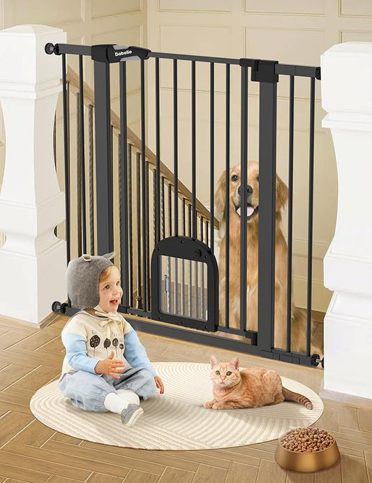 Babelio 36" Tall Upgraded Baby Gate with Cat Door,29-43" Auto Close Durable Dog Gate for Stairs,Doorways and House,Easy Walk Thru,Includes 4 Wall Cups,Black-CubbioJoy