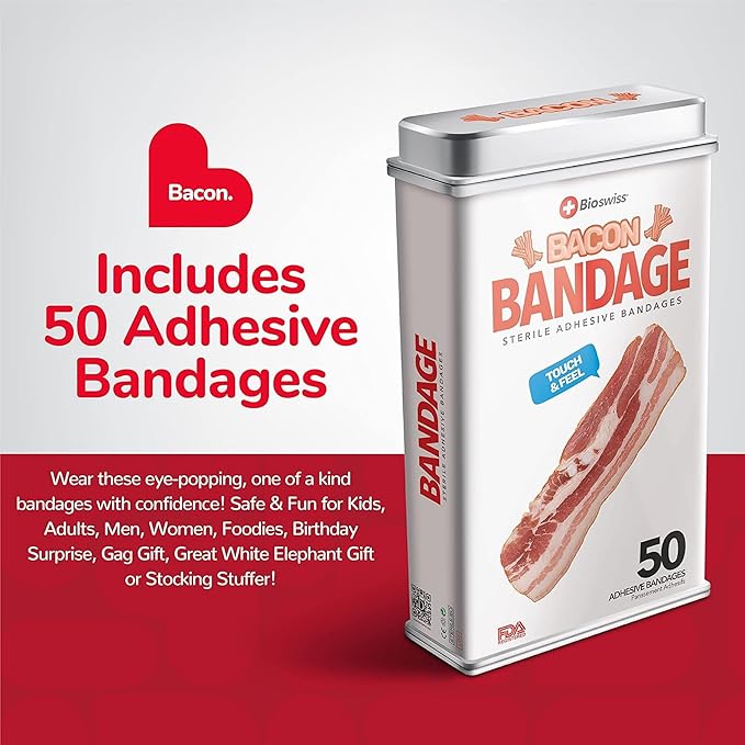 BioSwiss Bandages, Bacon Shaped Self Adhesive Bandage, Latex Free Sterile Wound Care, Fun First Aid Kit Supplies for Kids, 50 Count-CubbioJoy