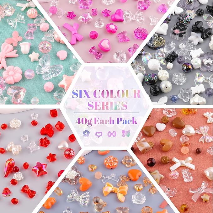 Assorted 260-320PCS Acrylic Beads for Bracelet Making, Flower Bow Butterfly Candy GummyBear Kawaii Aesthetic Beads,Cute Bead for Jewelry Making DIY Necklace Keychain Phone Charms(6 Colors)-CubbioJoy