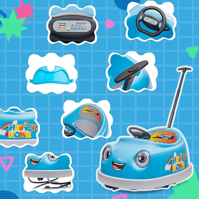 12V Dual Battery Electric Ride on Kids Bumper Car w/Remote Control,360 Degree Spin,Push Rod Rocker Horse Function,3-Speeds Babies & Toddlers Bumping Car Ride on Toy Gift for 1-4 Years Children (Blue)-CubbioJoy