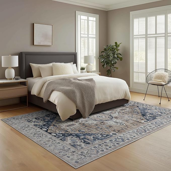 9x12 Area Rug Living Room Rugs, Stain Resistant Washable Rug, Vintage Large Non-Slip Backing, Low Pile Lightweight Print Rug for Bedroom Dinning Room Home Office (Taupe/Blue)-CubbioJoy