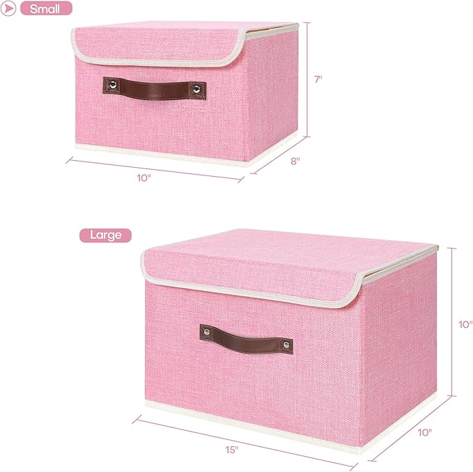 ANMINY Storage Bin with Lid Storage Boxes with PU Leather Handles PP Plastic Board Decorative Foldable Lidded Cotton Linen Fabric Home Cubes Baskets Closet Organizer Container - Pink, Small Size-CubbioJoy