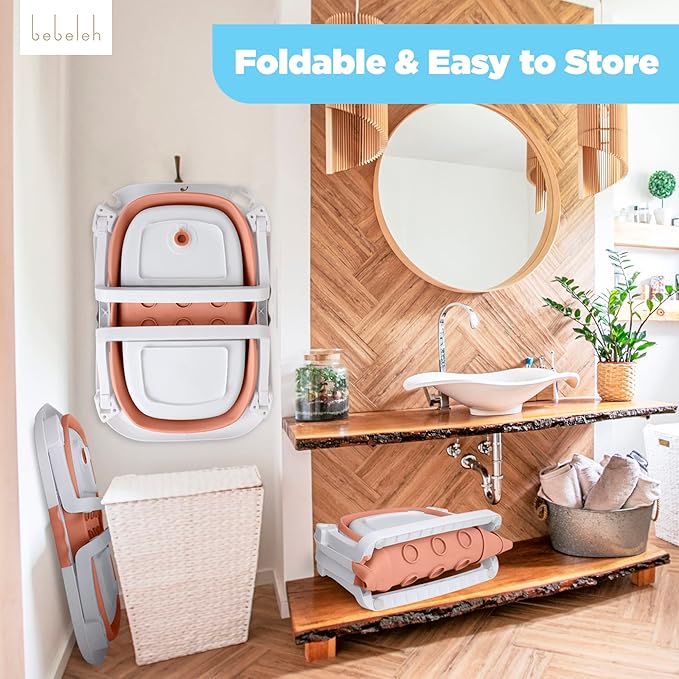 BEBELEH™ Collapsible Baby Bathtub – Bathtub + Baby tub Sling + Newborn Sling – Baby Bathtub Newborn to Toddler 0-24 Months – The Ultimate Travel Baby Bath Tub and Everyday Use! (Pink)-CubbioJoy
