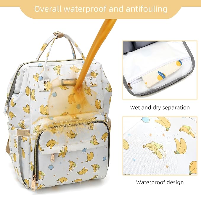 Diaper Bag Backpack, Diaper Bags for Baby Girls Boys, Baby Bags for Moms Dads, Nappy Changing Bag with Insulated Pockets,Multi-functional Waterproof Backpack with Stroller straps -Beige Banana-CubbioJoy