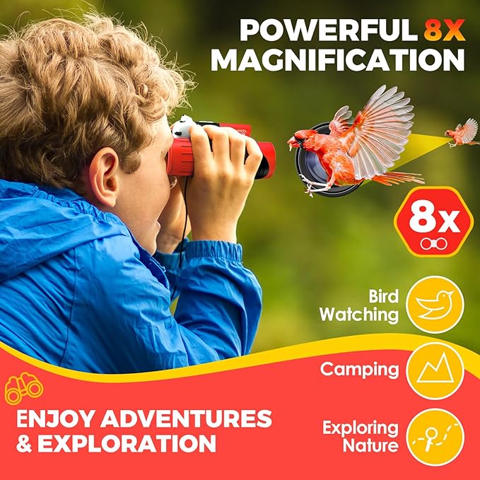 Binoculars for Kids 8x21 High-Resolution Real Optics with Magnifying Glass & Whistle Compass, Kids Binoculars for 3-12 Years Boys and Girls, Best Kids Toys for Outdoor Bird Watching, Hiking, Travel-CubbioJoy