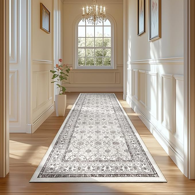 jinchan Hallway Runner Rug 3x8 - Machine Washable Beige Vintage Floral Distressed Design Soft Non-Slip Low-Pile Ultra-Thin Runner Rug for Kitchen Laundry Room Bedroom Farmhouse (3‘x8',Beige)-CubbioJoy