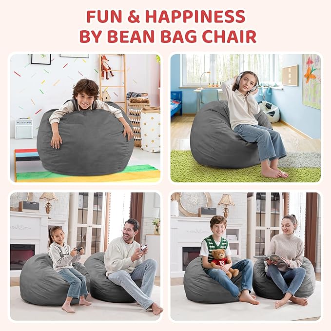 2FT Bean Bag Chair, Comfy Bean Bag Chairs with Memory Foam Filled, Fluffy Beanbag Sofa with Dutch Velvet Cover, Teardrop BeanBag Chairs for Living Room, Playroom - Grey-CubbioJoy