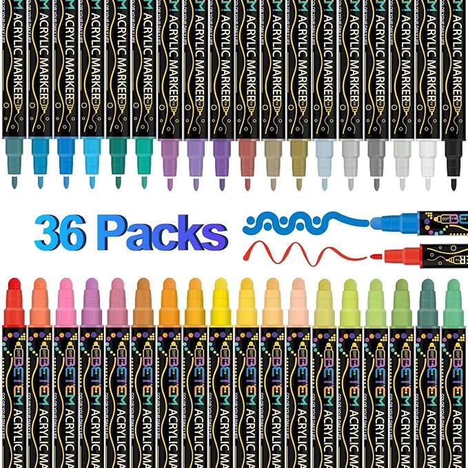 Betem 36 Colors Dual Tip Acrylic Paint Pens Markers, Premium Acrylic Paint Pens for Wood, Canvas, Stone, Rock Painting, Glass, Ceramic Surfaces, DIY Crafts Making Art Supplies-CubbioJoy