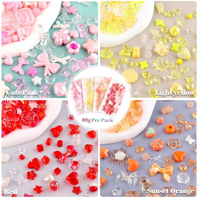 Assorted 180-240PCS Acrylic Beads For Bracelet Making, Flower Bow Butterfly Candy Gummy Bear Kawaii Aesthetic Bracelet Charms,Cute Beads For Jewelry Making DIY Necklace Keychain Phone Charm-CubbioJoy