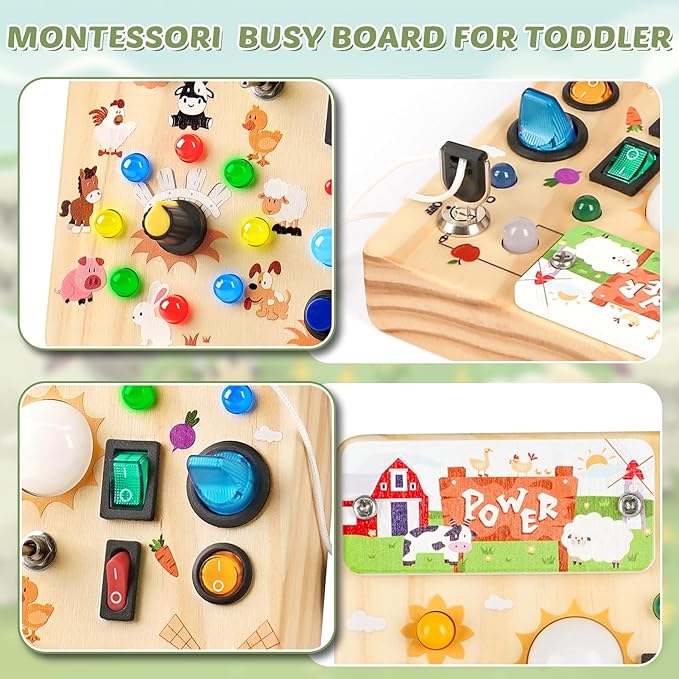 Joyreal Wooden Busy Board with LED Light, Montessori Toddler Toys, Wooden Sensory Board, Toddlers Activity Travel Toys for Boy & Girl Birthday Gift (Farm Theme)-CubbioJoy