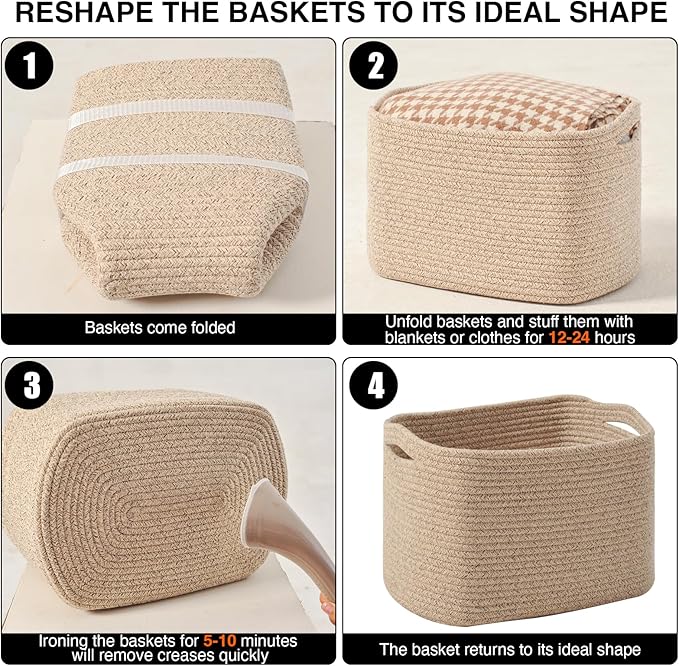 Decorative Storage Baskets for Organizing Shelves, Toy Basket for Nursery, Woven Cotton Rope Baskets for Decor, Towel Basket for Bathroom, 15"x11"x9.5", 3 Packs, Brown-CubbioJoy