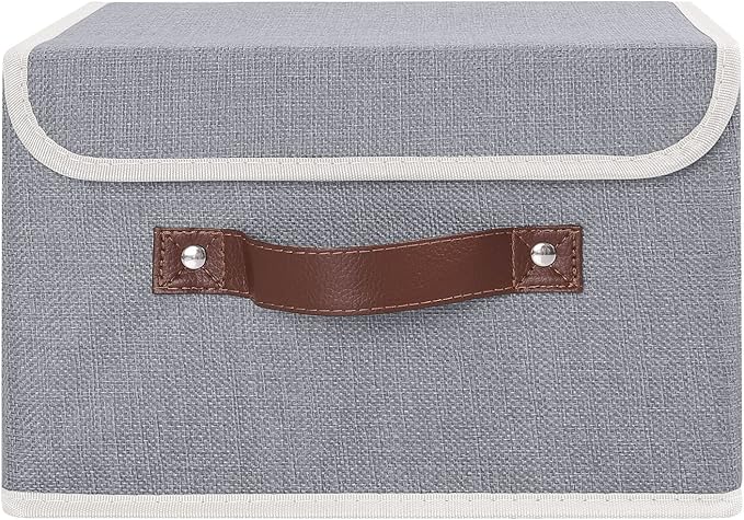ANMINY Storage Bin with Lid Storage Boxes with PU Leather Handles PP Plastic Board Decorative Foldable Lidded Cotton Linen Fabric Home Cubes Baskets Closet Organizer Container - Gray, Small Size-CubbioJoy