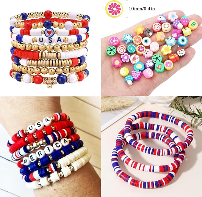 2480pcs President's Independence Day Polymer Clay Beads Charms Friendship Bracelet Necklace Earring Jewelry Making kit, Accessories for Arts Crafts DIY Birthday Gifts for Girls Children American Flag-CubbioJoy