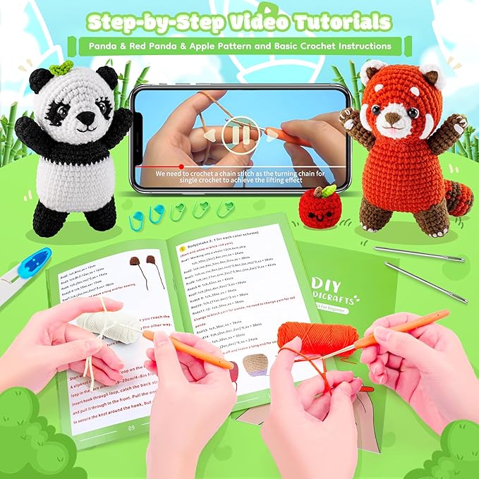 Crochet Kit for Beginners - 2PCS White and Red Panda Crochet Animal Kit with Step-by-Step Video Tutorials, Apple Crocheting Kit, Crochet Starter Kit for Kids and Adults, Beginners Knitting Kit-CubbioJoy