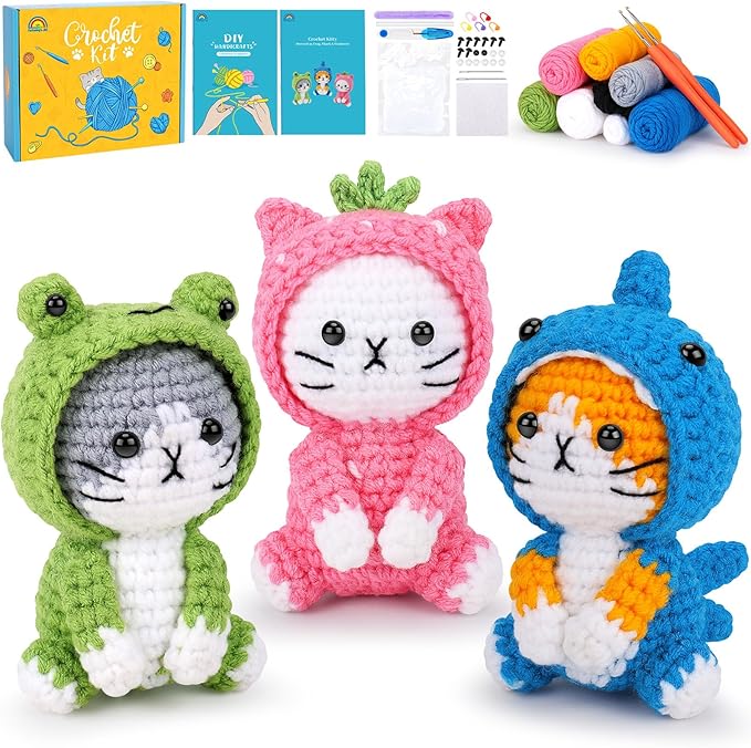 Crochet Kit for Beginners - 3 PCS Crochet Kits with Step-by-Step Video Tutorials, Beginner Crochet Kit for Adults Kid, Crochet Animal Kit for Starters, Cat Dressed as Shark Frog Strawberry-CubbioJoy