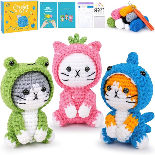 Crochet Kit for Beginners - 3 PCS Crochet Kits with Step-by-Step Video Tutorials, Beginner Crochet Kit for Adults Kid, Crochet Animal Kit for Starters, Cat Dressed as Shark Frog Strawberry-CubbioJoy