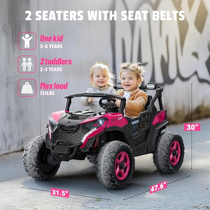 24V 2 Seater Ride on Car Truck, 4x200W, EVA Tires, 4WD/2WD, Rainbow Lights, Remote Control, Shock Absorbers, Bluetooth, Ride On UTV Toy for Kids Ages 3-8, Pink-CubbioJoy