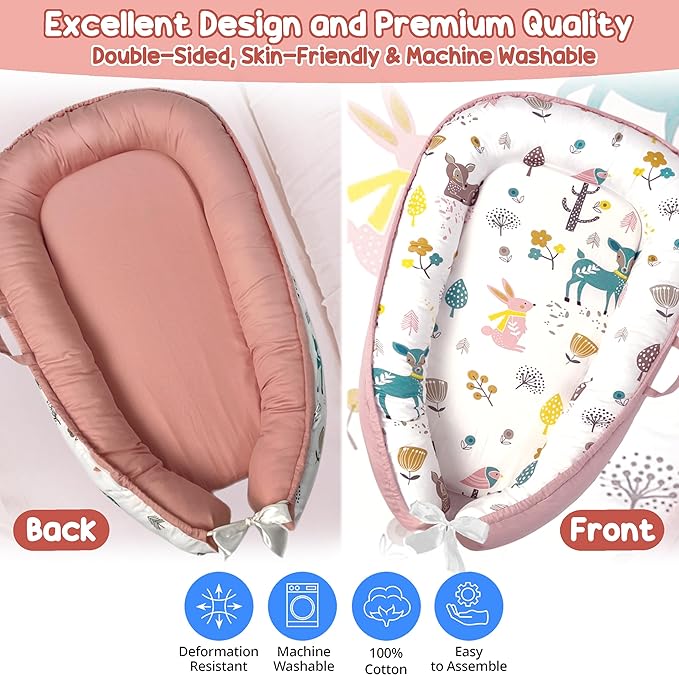Baby Lounger - Baby Lounger for Newborn 0-24 Months, Breathable, Soft Cotton Baby Nest, Portable Infant Lounger for Home & Travel, Newborn Essentials Gift (Pink Deer)-CubbioJoy