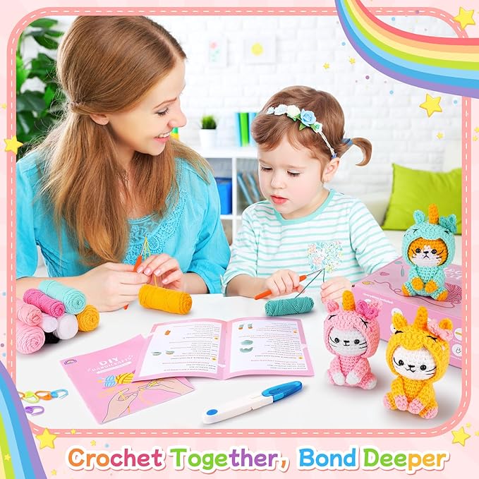 Crochet Kit for Beginners - 3 PCS Unicorn Cat Crochet Kits with Step-by-Step Video Tutorials, Beginner Crochet Kit for Adults Kid, Crochet Animal Kit for Starters, Cat Dressed as Unicorn Set-CubbioJoy