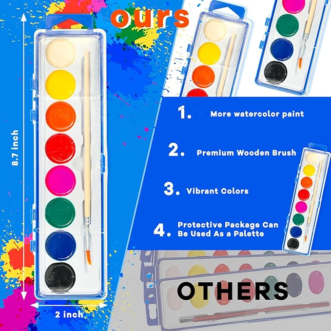48 Pack Watercolor Paint Set for Kids - 8 Washable,Bright Colors with Paintbrush Watercolor Paint Bulk for Kids Party Favors,Classrooms Supplies,Art Lessons-CubbioJoy