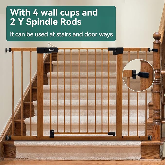 BABELIO 29-48" Metal Baby Gate with Brown Wood Pattern, Auto Close Dog Gate for The House, Stairs and Doorways, Pressure Mounted Pet Gate with Door, Safety Gate for Child and Pets-CubbioJoy
