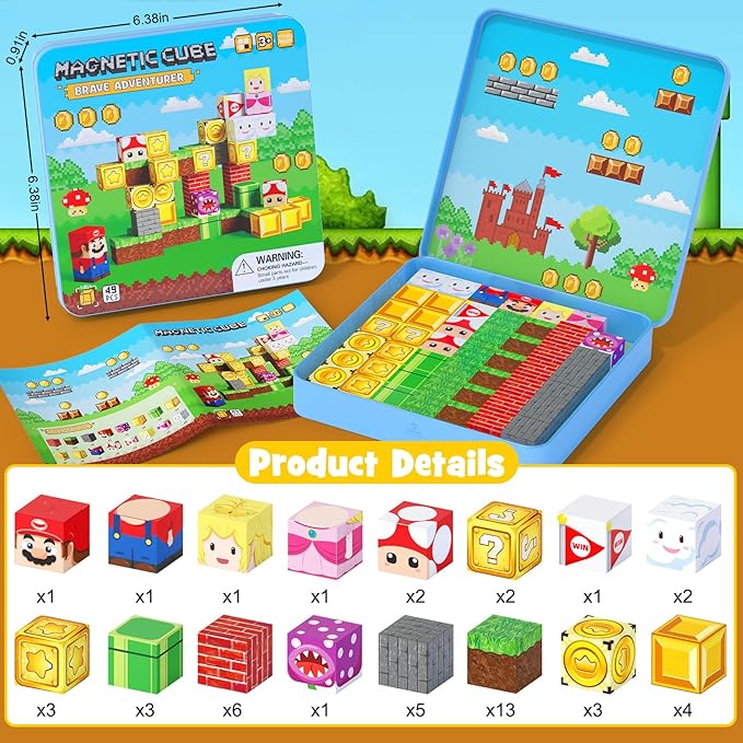 49PCS Mini Magnetic Tiles Travel Toys for Kids Ages 4-8, Magnetic Building Blocks Adventure Set with Portable Iron Storage Box & Play Base, STEM Learning Activities for Toddlers 3-5-CubbioJoy