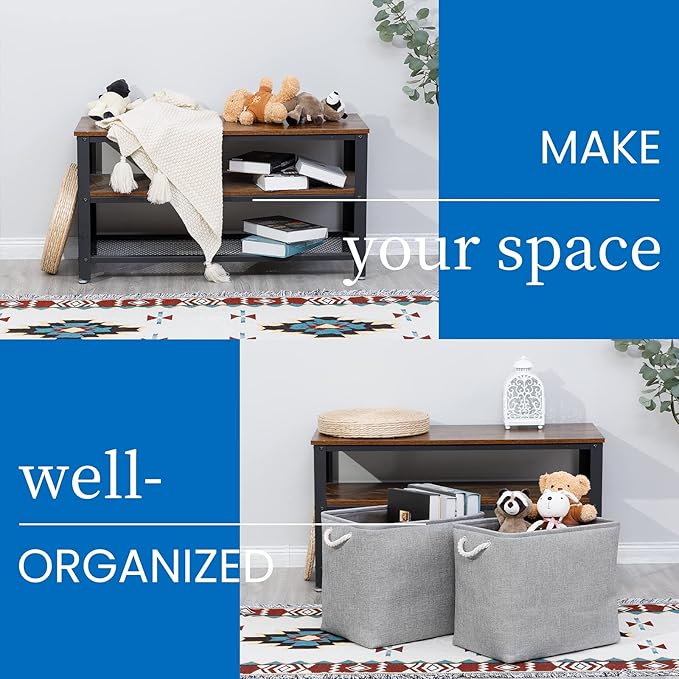 Bidtakay Collapsible Storage Bins for Clothes Large Grey Storage Baskets with Cotton Handles 17x12x15 In Set of 2 Fabric Cubby Storage Bins Livingroom Home Decorative Storage Organizer for Blankets-CubbioJoy