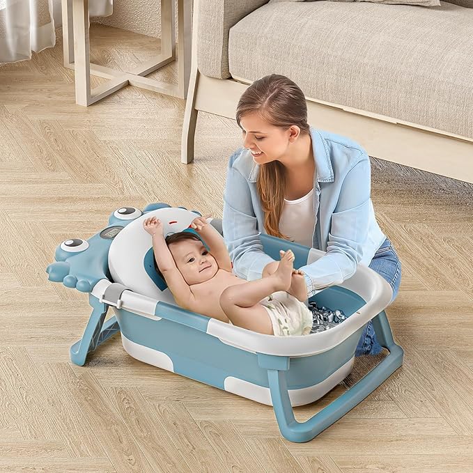 Collapsible Baby Bathtub for Newborns to Toddler with Real-time Temp Monitor & Floating Cushion,Portable Travel Tub for 0-36 Month, Foldable Baby Bath Tub for Infants Boy (Light Blue)-CubbioJoy