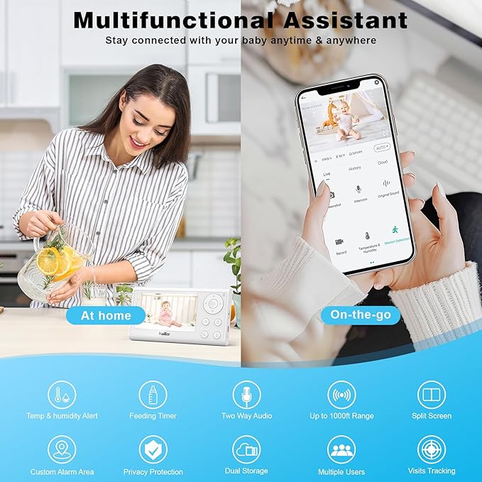 Baby Monitor, 4.3" Video Baby Monitor with 1080P Camera, Smart 2.4G WiFi Audio Monitor with Remote PTZ, Night Vision, 2-Way Talk, Sleep Mode, RGB Night Lights, Lullabies & 1000ft Range, APP Control-CubbioJoy