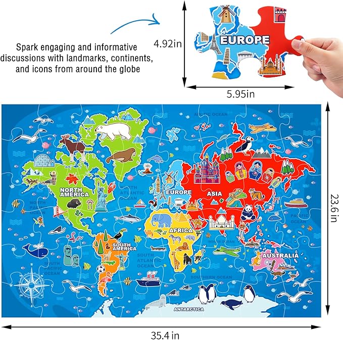 Jumbo Floor Puzzle for Kids,World Map Jigsaw Geography Puzzles,48 Piece Globe Atlas Puzzle with Continents,United States Puzzle for Ages 3-5,Preschool Learning Toys Gift for 4-8 Years Old-CubbioJoy