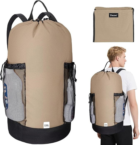 BALEINE 120L Laundry Bag Backpack, 900D Oxford Fabric Large Travel Laundry Bags with Shoulder Straps and 2 Mesh Pockets for College Dorm, Apartment, Laundromat (Khaki, 120L)-CubbioJoy