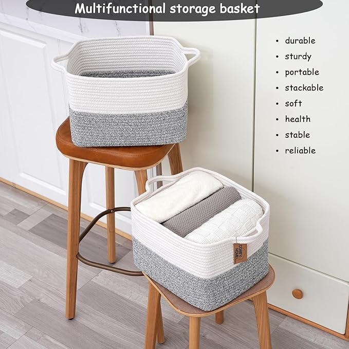 COMFY-HOMI 3-Pack Cotton Rope Woven Basket with Handles for Shelves, Book, Cloth Basket|Dog Toy Basket for Organizingy|13.5" x 11" x 9.5" for Bedroom（White/Grey）-CubbioJoy