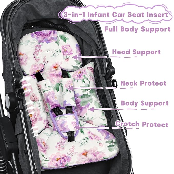 Infant Car Seat Insert, Soft Baby Car Seat Head & Body Support for Girl Boy, Reversible Newborn Preemie Carseat Insert Cushion with 3 Straps Pads Fits CarSeat, Stroller, Swing, Bouncer, Purple Floral-CubbioJoy