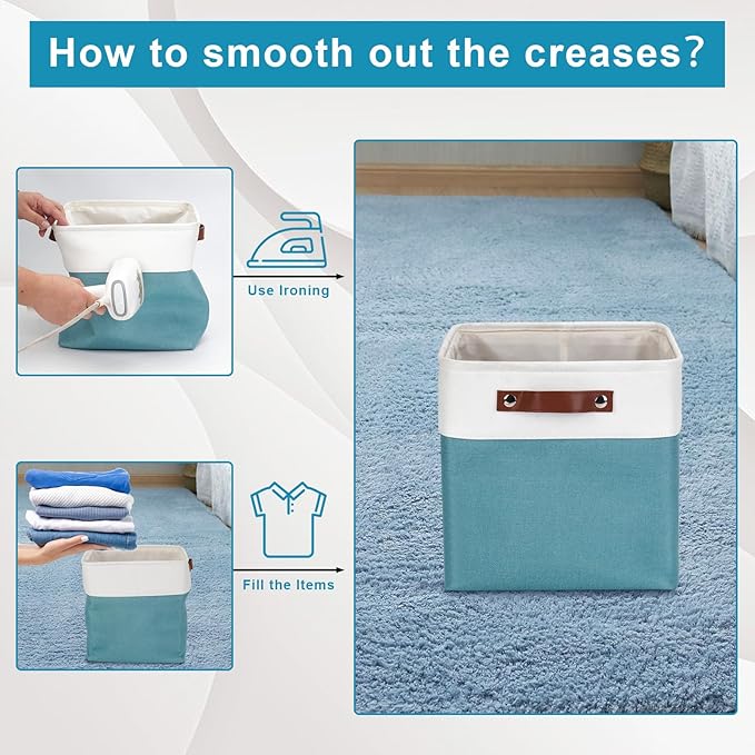 Collapsible Fabric Storage Cubes 11x11 Cube Storage Bins, 4 Pack Closet Baskets Box with Handles for Organizing, Shelf, Toys, Clothes, Home, Office, Nursery (Teal&White)-CubbioJoy