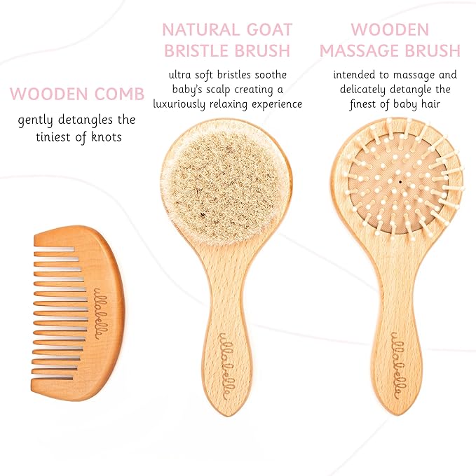 3 Piece Wooden Baby Hair Brush and Comb Set for Newborns & Toddlers in Chic Gift Box - Ultra Soft Natural Goat Hair and Wood Baby Brush Set Prevents Cradle Cap - Perfect Registry Gift (Sage)-CubbioJoy