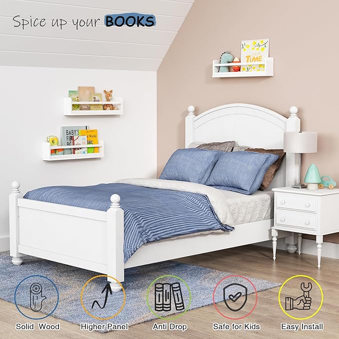 24 Inch White Wall Bookshelf for Kids Room, Floating Nursery Book Shelves Wall Mounted with Lip and Hanging Rod for Baby Girl Boy Bedroom, Large Corner Hanging Children Bookshelves -Set of 3-CubbioJoy