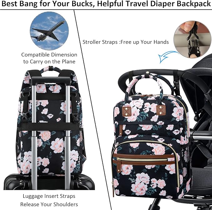 Diaper Bag Backpack Tote for Women Large Capacity with Insulated Pockets Multifunctional Diaper Bags For Baby Girl Boy Waterproof Baby Bags, Maternity Bag Black Pink Floral-CubbioJoy