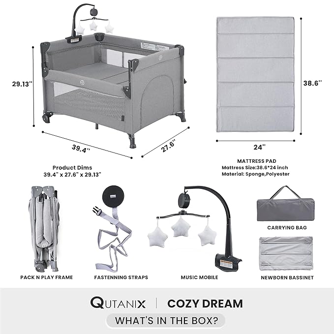 2-in-1 Baby Playard, Pack and Play Bassinet, Easy Folding Portable Crib with Music Mobile for Newborn to Toddlers (Grey)-CubbioJoy