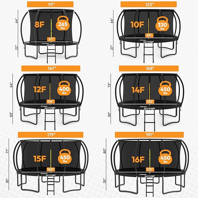 JUMPZYLLA Trampoline Outdoor 8FT 10FT 12FT 14FT 15FT 16FT with Enclosure and Ladder, ASTM Approved Recreational Trampoline for Kids and Adults, Anti-Rust Coated Frame-CubbioJoy