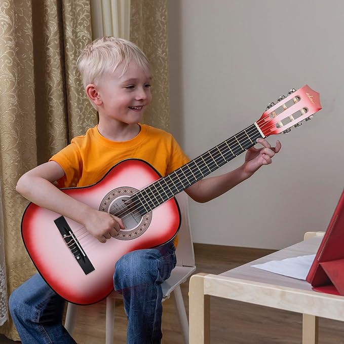 ADM Beginner Acoustic Classical Guitar 34 Inch Nylon Strings Wooden Guitar Bundle Kit for Kid Boy Girl Student Youth Guitarra Online Lessons with Gig Bag, Strap, Tuner, Strings, Picks, Pink-CubbioJoy