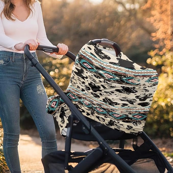 Binienty Aztec Cow Print Nursing Cover for Newborns Girls Boys, Stretchy Breathable Baby Car Seat Covers Infants Canopies-CubbioJoy